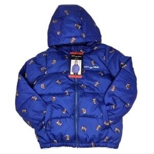 Miles The Label Boys Hooded Puffer Jacket Football Print Blue Size 6